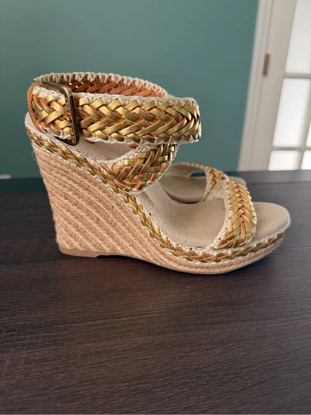 Tory Burch Metallic Gold Braided Espadrille Wedge Sandals Euro 38, US 8
